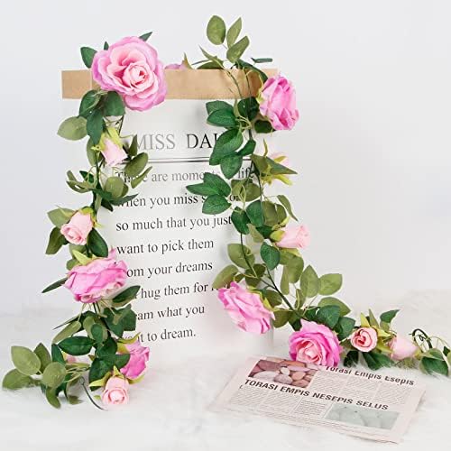 Teldrassil 4Pcs(26 FT) Artificial Rose Vine Fake Flower Garland Fake Silk Rose Hanging Vine for Wedding Party Background Arch Garden Background Decoration (Purplish Red) - Image 4