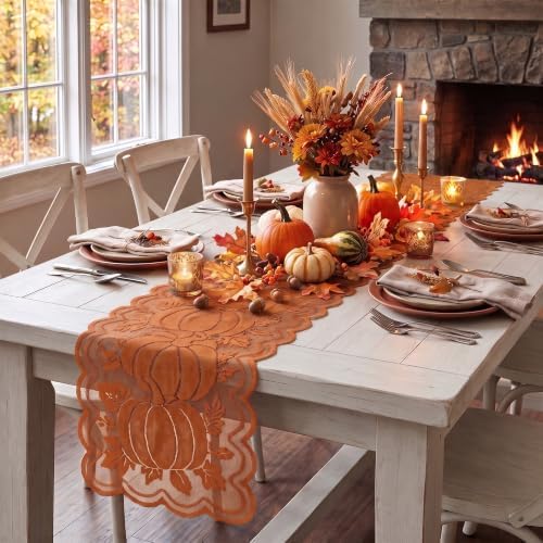 Artoid Mode Lace Jacquard Pumpkin Leaf Fall Table Runner 13x72 Inch - Image 5