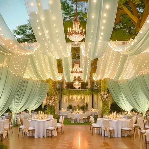 6 Panels Green Ceiling Curtains with Lights for Weddings - 5ftx30ft Wrinkle-Free Tulle Fabric Wedding Arch Draping Ceiling Drapes Decorations for Wedding Party Ceremony Stage Tent Event - Image 4