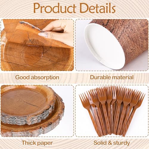 Kochorie 144 Pieces Camping Wood Grain Slice Tableware Sets Rustic Wood Party Decorations Paper Plates Napkins Cups Forks Serves 24 for Forest Themed Party Decorations Hunting Birthday Supplies - Image 3