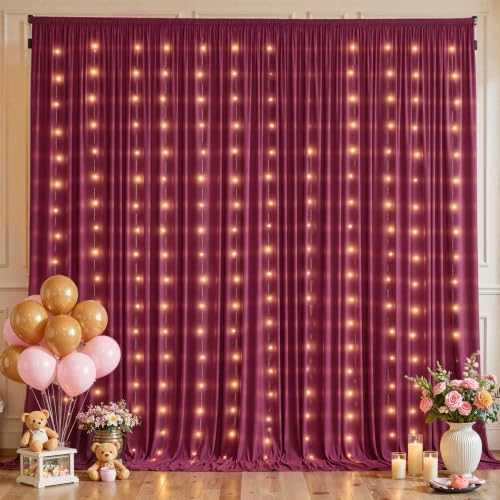 Burgundy Backdrop Curtains with Lights for Parties,10x10FT Wrinkle Free Wedding Photo Backdrop Curatin Drapes Fabric for Baby Shower Birthday Ceremony Reception Home Party Decorations by Partisky