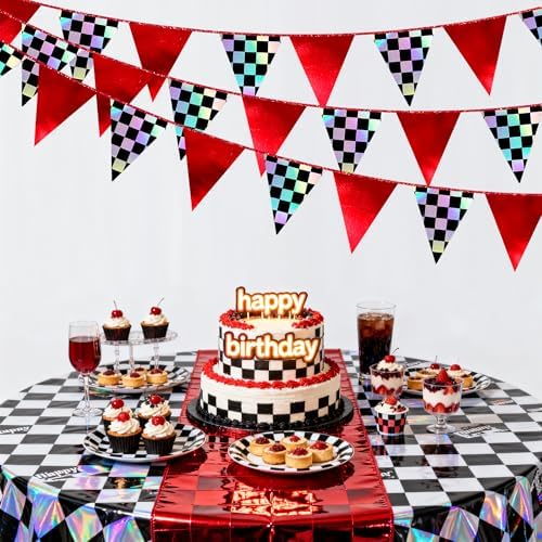 Racing Party Decorations Iridescent Checkered Red Pennant Banner Flag Hanging Paper Triangle Bunting for Race Fans Birthday Monster Truck Race Car Party Decorations Supplies - Image 5