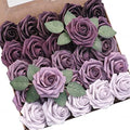 Floroom Artificial Flowers 25pcs Real Looking Plum Ombre Colors Foam Fake Roses with Stems for DIY Wedding Bouquets Bridal Shower Floral Centerpieces Party Tables Home Decorations by Floroom