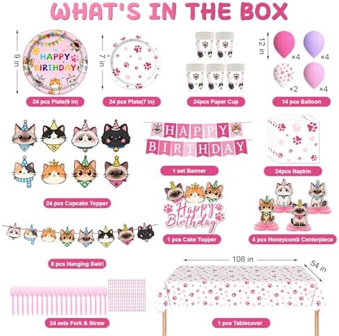 197pcs Cat Birthday Decorations Kit, Cute Cat Themed birthday party decorations with Tableware, Cake Decorations & Hanging Accessories, Serves 24 Guests - Image 3