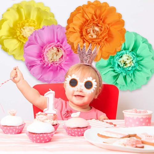 SUNBEAUTY Giant Colorful Paper Flowers Party Decorations 20" Large Fiesta Bulletin Board Tissue Pom poms Room Wall Decor for Birthday Wedding Bridal Babyshower Backdrop Hanging Tea Party Supplies - Image 5