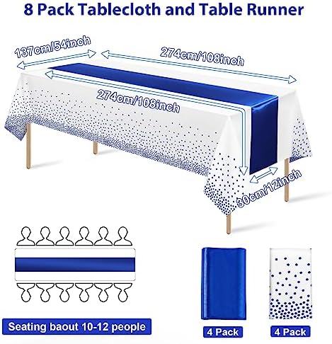 8Pack Disposable Plastic Tablecloths and Satin Table Runner White and Royal Blue Dot Tablecloth Blue Satin Table Runner for Wedding Birthday Baby Shower Anniversary Christmas New Year Party Supplies - Image 2
