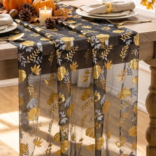 Artoid Mode Fall Gauze Table Runner 120 Inch, Metallic Foil Leaves by ArtoidMode