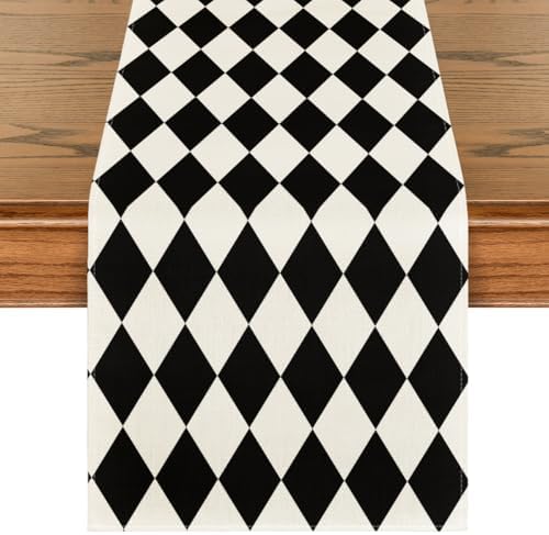 Artoid Mode Black Beige Diamond Plaid Table Runner, Seasonal Halloween Party Kitchen Dining Table Decoration for Home Party Decor 13x72 Inch by ArtoidMode