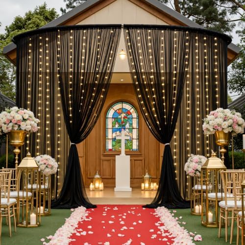 10ft x 10ft Black Tulle Photo Backdrop Curtain with Lights String for Parties Sheer Black Curtain Backdrop for Birthday Party Baby Shower Wedding Photo Booth Photography Background Decorations by Suppromo