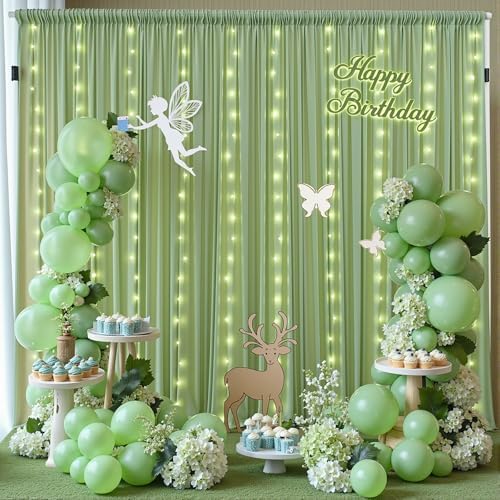 10 x 10 Sage Green Backdrop Curtain with Lights String for Party - Image 6