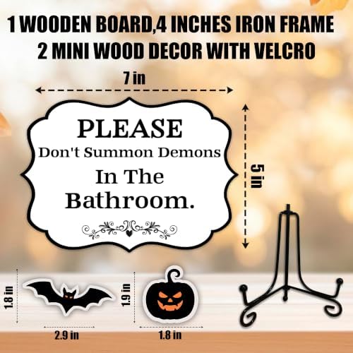 Halloween Table Sign 5x7 Inch Ghost Decor, Rustic Party Centerpiece with Metal Stand & 2 DIY Stickable Wood Decor, Please Don't Summon Demons In The Bathroom Decoration for Home & Party Display - B09 - Image 2