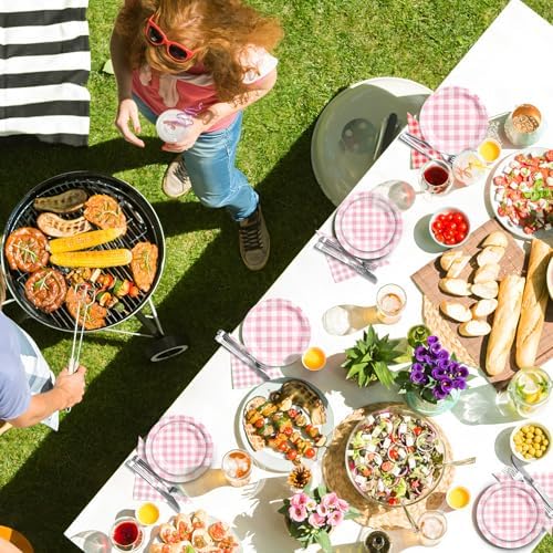 180Pcs Pink Gingham Party Supplies Paper Plates and Napkins Serve 60 - Image 6
