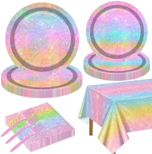 Iridescent Glitter Rainbow Party Supplies for 20 Guests, Disposable Holographic Glitter Pastel Tableware Set Includes Plates, Napkins, Forks, Tablecloth for Girls Birthday Party Decorations by QUERICKY