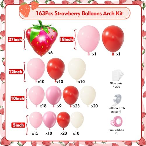Strawberry Balloons Garland Arch Kit 163pcs with 27" Strawberry Foil Balloons, Red and Pink white Balloons for Sweet Girl Berry First Birthday Themed Baby Shower Strawberry Party Decorations - Image 2