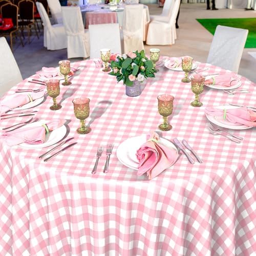 12 Pack Pink Gingham Tablecloth Round, Premium Decorative Disposable Pink and White Checkered Plaid Table Cloths for Parties, Round Party Table Cover for Picnic Farm Birthday Wedding Festivals, 84Inch - Image 5