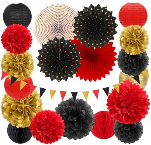 Red-Black Gold Casino Theme Party-Decorations - 20pcs Game Night Paper Lanterns Fans,Tissue Pom Poms,Honeycomb Balls,Bunting,Birthday Graduation Wedding Bridal Baby Shower Decor Burgleda by Burgleda
