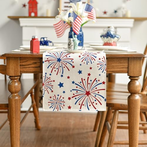 Artoid Mode Beige Fireworks Patriotic 210 GSM 4th of July Table Runner, Memorial Day Kitchen Dining Table Decoration for Home Party Decor 13x72 Inch - Image 2