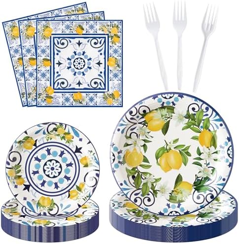 96Pcs Capri Lemon Blue Tiles Yellow Lemon Summer Citrus Fruit Party Plates Supplies Tableware Decorations Disposable Paper Plates Napkins Forks for Kids Birthday Baby Shower, Serves 24 by G1ngtar
