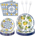 96Pcs Capri Lemon Blue Tiles Yellow Lemon Summer Citrus Fruit Party Plates Supplies Tableware Decorations Disposable Paper Plates Napkins Forks for Kids Birthday Baby Shower, Serves 24 by G1ngtar