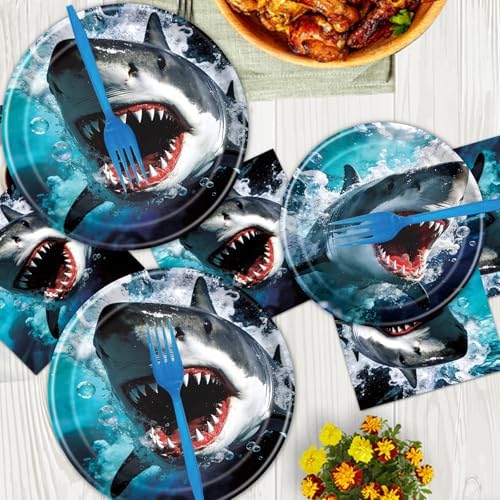 Shark Birthday Party Decorations - 96 Pcs Shark Birthday Plates Napkins Forks Tableware Set Decor, Ocean Under the Sea Dinnerware Set for Summer Boys Baby Shower Serves 24 - Image 5