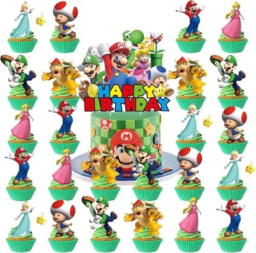 Birthday Party Decorations,48PCS Mario Cartoon Theme Supplies - 1 Backdrop, 1 Banner, 4 Aluminum Balloons, 1 Tablecloth, 25 Cake Toppers, 16 Latex Balloons. - Image 5