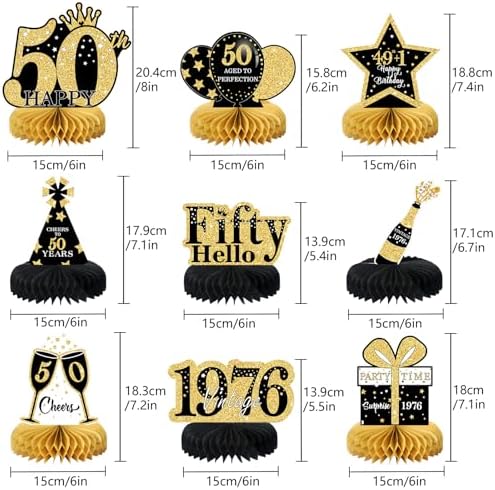9 Pcs 50th Birthday Decorations Honeycomb Centerpieces for Women Men, Black Gold 1976 Aged to Perfection Vintage Centerpieces for Tables Toppers,Fifty Years Party Decorations Supplies - Image 2