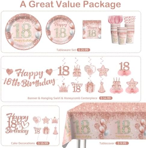 193Pcs Xynic 18th Birthday Decorations for Girls Tableware Set, Serves 25 - Image 3