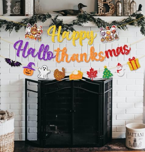 Colorful Glittery Happy Hallothanksmas Banner Holiday Party Decorations - Image 3