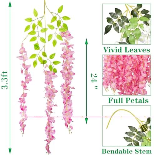 AITISOR 24 Pack Artificial Fake Wisteria Vine Ratta (3.75 Feet) Hanging Garland Silk Flowers String Home Party Wedding Decor (Deep Pink) - Image 2