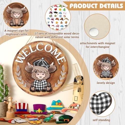 Vicenpal 35 Pcs Fall Interchangeable Highland Cow Welcome Sign, Red Brown - Image 4
