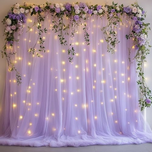 Tulle Curtain Backdrop with 300 LED Fairy Lights for Parites Wrinkle-Free Sheer Curtain Drapes Photo Back Drop for Wedding Baby Shower Bridal Shower Birthday Home Décor - 10ft×10ft, Lavender by HOLITS