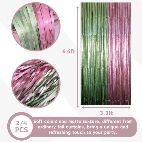 Dusty Pink Sage Green Tinsel Backdrop 2 Pack Foil Fringe Curtains - Image 2