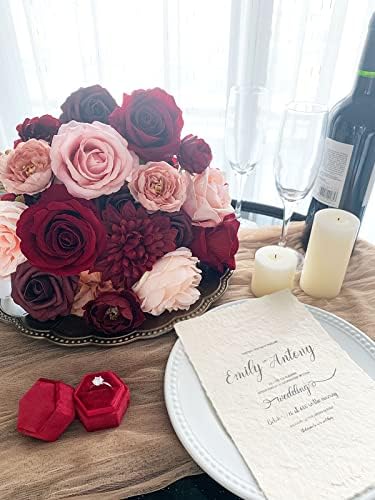 FACINOC Roses Artificial Flowers Burgundy Red Mix Silk Dahlia Bulk Box Set - Image 4