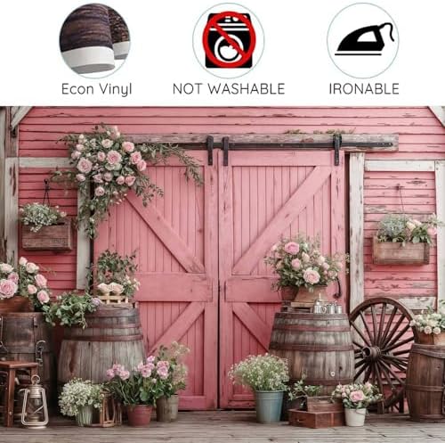 7x5ft Country Wedding Pink Photography Backdrop Rustic Wooden Barn Door Photography Backdrop Farmhouse Flower Western Girl Birthday Baby Shower Wedding Bridal Party Banner Photo Booth Props Background - Image 6