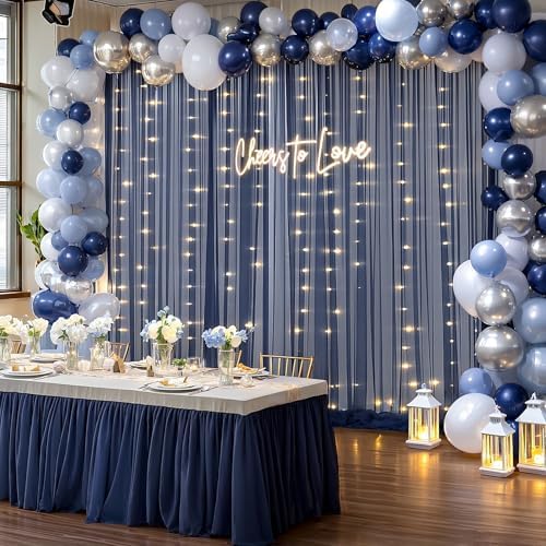 10×10ft Navy Blue Tulle Backdrop Curtain with Lights String for Parties, Sheer Photo Backdrop Curtains for Wedding Party Photography Background - Image 5