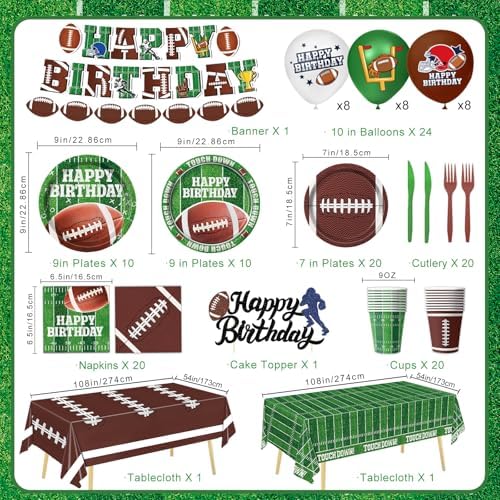 Football Birthday Party Decorations, Football Party Supplies Includes Plates, Napkins, Cups, Banner, Balloons, Tablecloth for Football Birthday Party Football Game Day, Serve 20 - Image 2