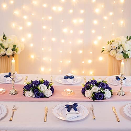 BLOSMON Navy Blue Rose Flowers: 2 Pcs Fake Floral Balls Centerpiece for Wedding Table Centerpieces - Artificial Silk Kissing Bouquet Flower Arrangement for Home Party Event Decor - Image 2