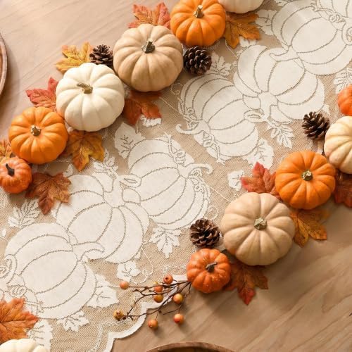 Artoid Mode Beige Lace Jacquard Pumpkin Leaf Fall Table Runner 13x72 Inch - Image 4