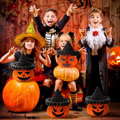 Fourluoo 6 Pcs Halloween Pumpkin Witch Hat Paper Honeycomb Centerpieces - Image 6