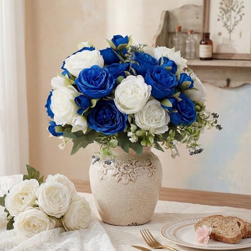 Geosar 24 Bundles Artificial Peonies Flowers,Royal Blue,White - Image 3