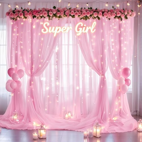30×10ft Pink Tulle Backdrop Curtain with Lights String for Parties, Sheer Photo Backdrop Curtains for Wedding Party Photography Background - Image 2