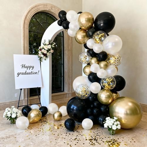 Double Stuffed Black Gold White Confetti Balloon Arch Kit 129 Pcs - Image 5