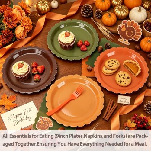 Orange and Green Paper Plates and Napkins,Thanksgiving 9inch Plates Napkins Forks Disposable Party Supplies for Baby Shower Friendsgiving & Autumn Parties,Serves 24 - Image 4