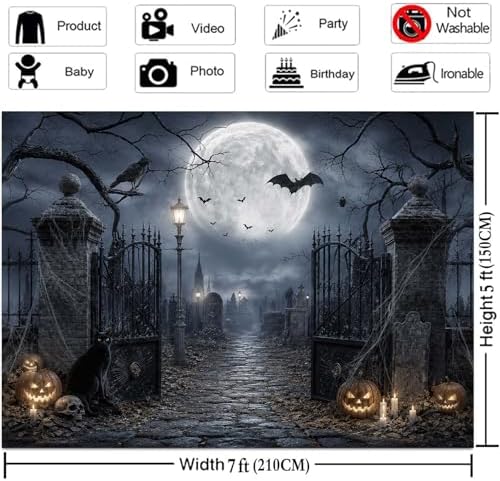 20x10ft Halloween Backdrop Spooky Graveyard Cemetery Full Moon Pumpkin Black Cat Skull Photography Background, Horror Fall Party Decor Photo Booth Props, Kids Birthday Studio Wall Decor Banner - Image 7