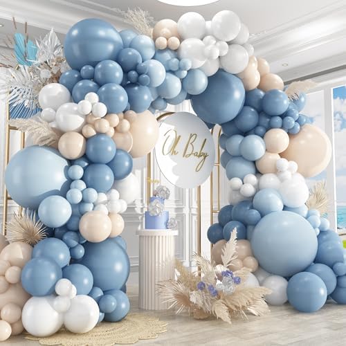 412Pcs Dusty Blue White Sand Balloon Arch Garland Kit,18 12 10 5 Inch Slate Fog Baby Blue Macaron Blue Sand White for Birthday Baby Shower Wedding Bridal Gender Reveal Decorations by PAXILE