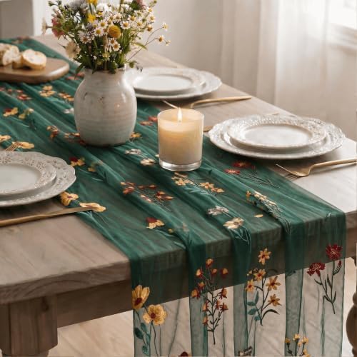 Artoid Mode Wildflower Dark Green Embroidery Table Runner 120 Inch 10FT - Image 4