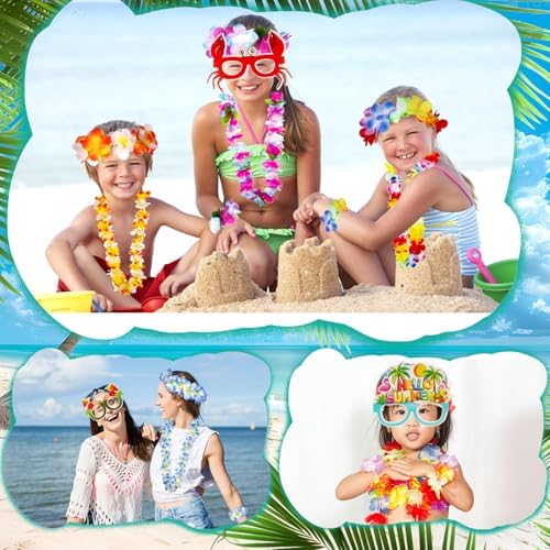 Atonofun 80 PCS Leis for Luau Party Decorations- Hawaiian Leis Bulk, Luau Party Glasses, Colorful Bracelets, Flower Headbands for Adults Tropical Birthday Summer Beach Luau Party Favors Supplies - Image 5