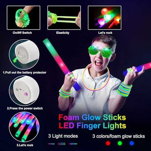 OLUPP 150 PCS Glow in the Dark Party Supplies, 16 Foam Sticks, 16 LED Glasses, 100 Glow Sticks and 18 Finger Lights for Halloween Party Favors, Wedding, Birthday, Concert, New Year, Carnivals, Raves - Image 6