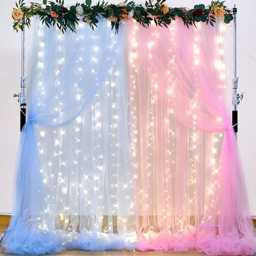 10ft x 10ft Pink Blue Tulle Photo Backdrop Curtain with Lights String for Gender Reveal Sheer Curtain Back Drop Baby Shower Backdrop for Boy or Girls Birthday Party Photo Booth Background Decorations - Image 5