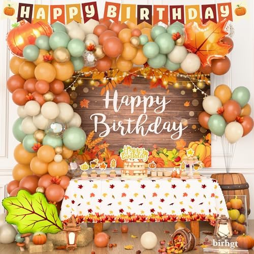 Fall Birthday Party Decorations, Orange Green Pumpkin Fall Birthday Supplies, Thanksgving Party Kit Autumn Maple Leaf Backdrop Balloon Arch Banner Tabelcloth Harvest Party Decorations by Birhgt